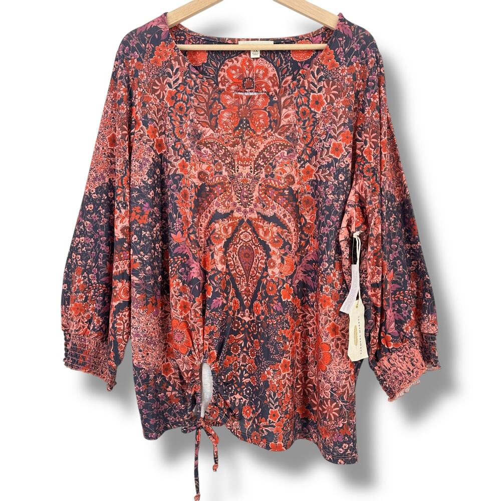 Farmers Market Deco Tie Waist Jacobean Floral Embellished Shirt Plus Size 3X